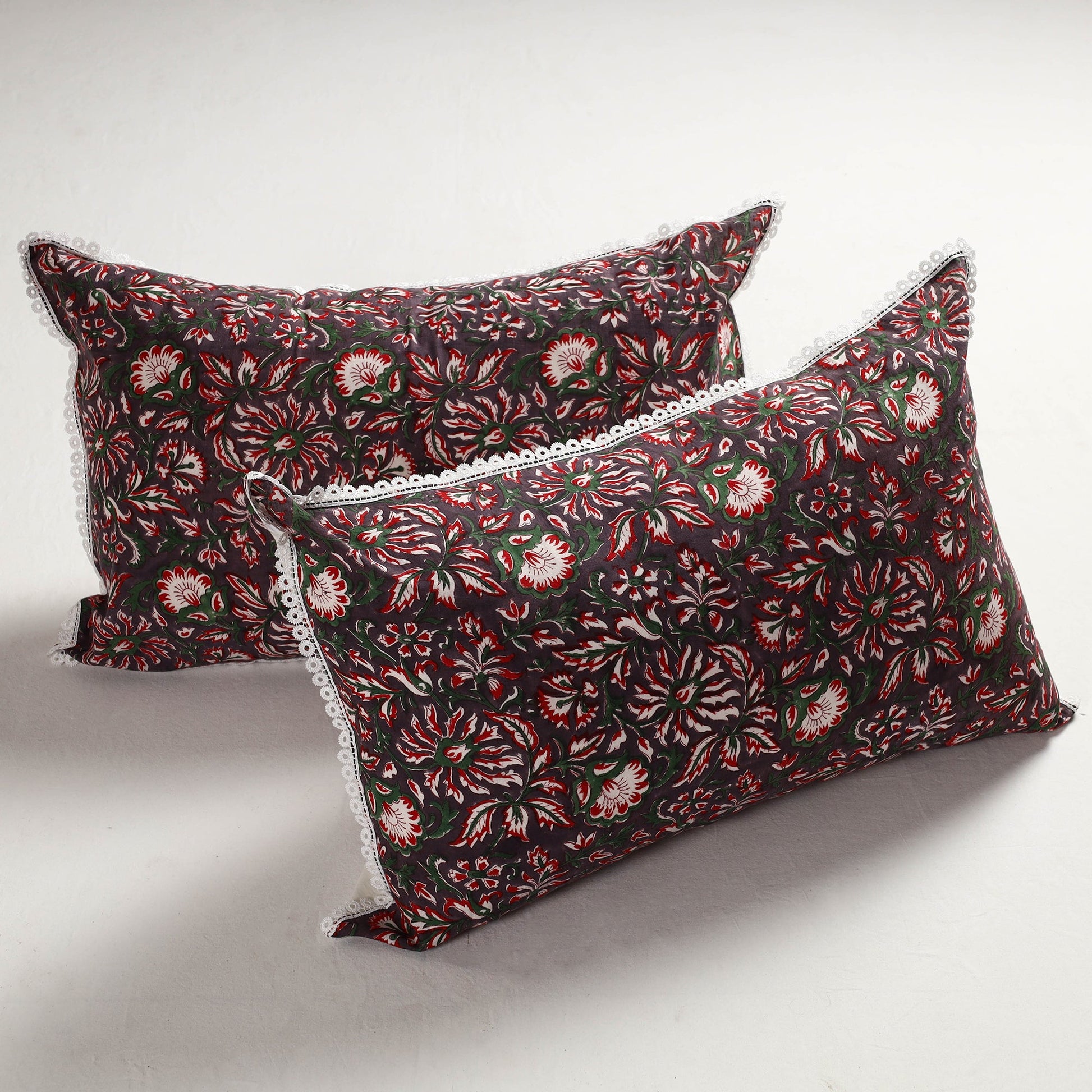 Brown - Sanganeri Block Printed Cotton Pillow Cover with Lace (28 x 18 in) - Set of 2