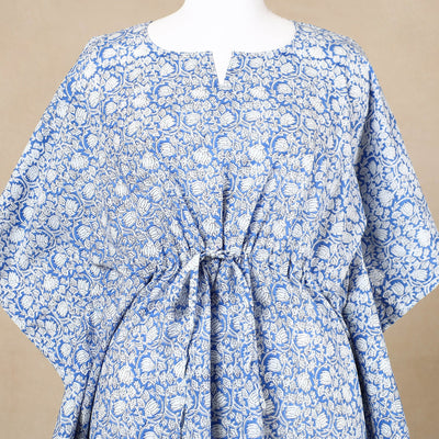 Blue - Hand Block Printed Cotton Kaftan with Tie-Up Waist (Long)