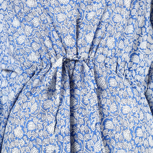 Blue - Hand Block Printed Cotton Kaftan with Tie-Up Waist (Long)