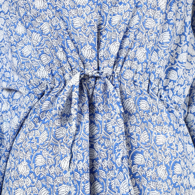 Blue - Hand Block Printed Cotton Kaftan with Tie-Up Waist (Long)