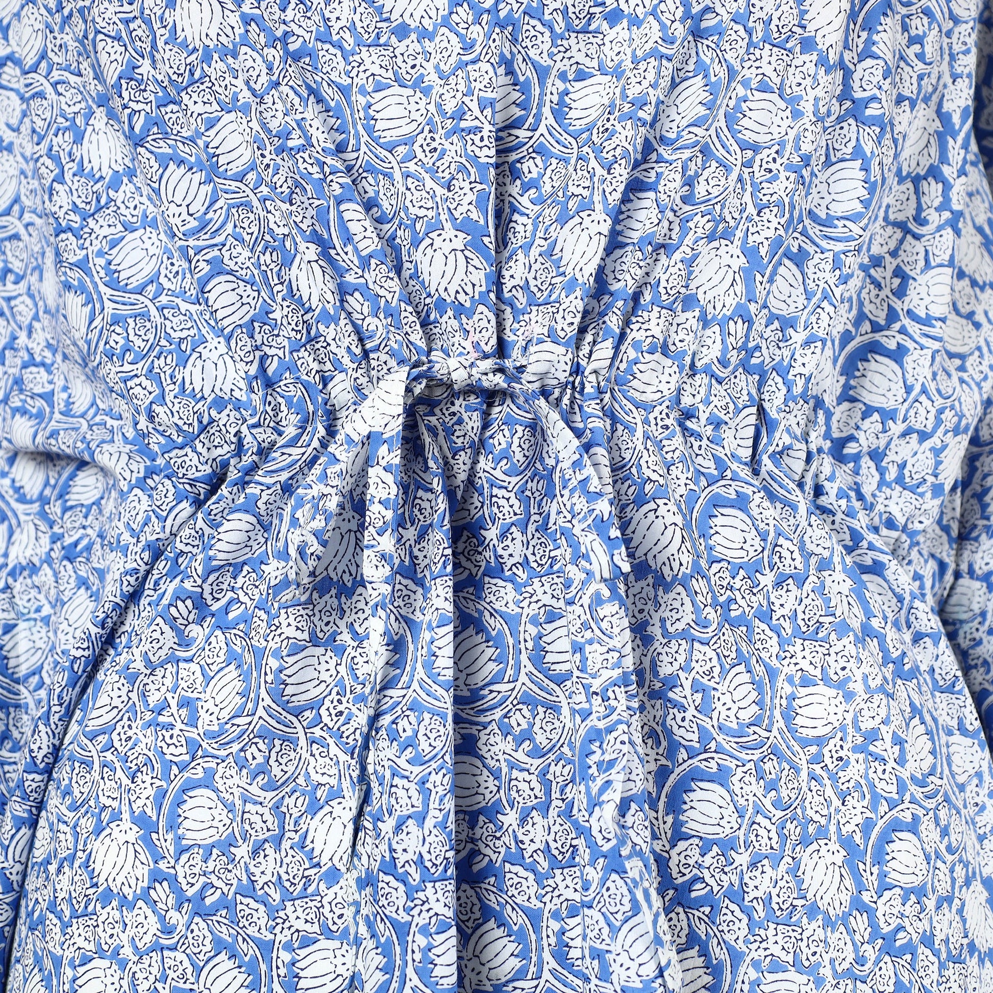 Blue - Hand Block Printed Cotton Kaftan with Tie-Up Waist (Long)