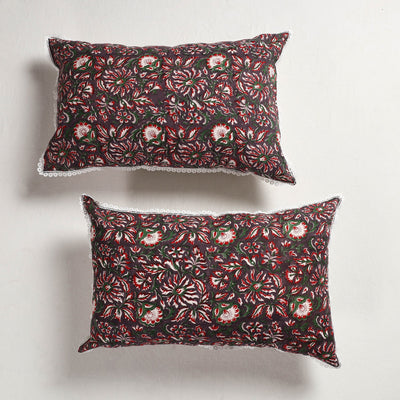 Brown - Sanganeri Block Printed Cotton Pillow Cover with Lace (28 x 18 in) - Set of 2