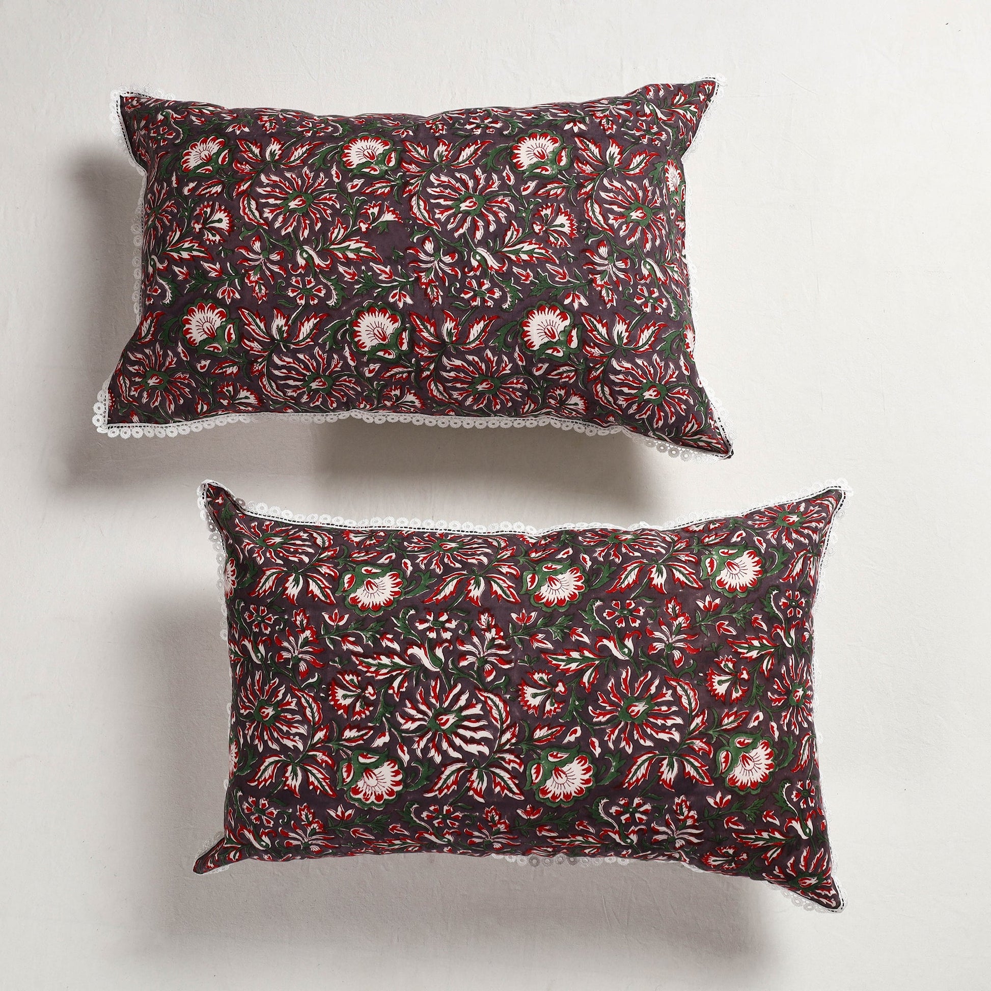Brown - Sanganeri Block Printed Cotton Pillow Cover with Lace (28 x 18 in) - Set of 2