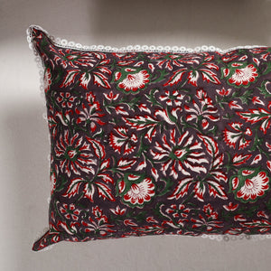 Brown - Sanganeri Block Printed Cotton Pillow Cover with Lace (28 x 18 in) - Set of 2