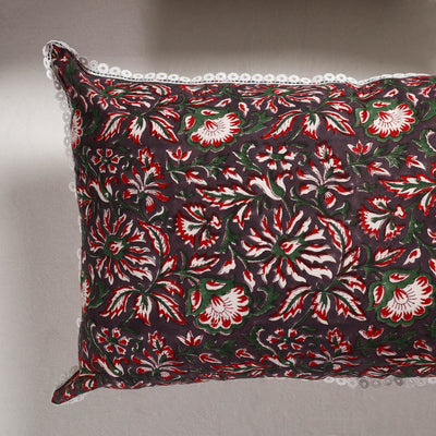 Brown - Sanganeri Block Printed Cotton Pillow Cover with Lace (28 x 18 in) - Set of 2