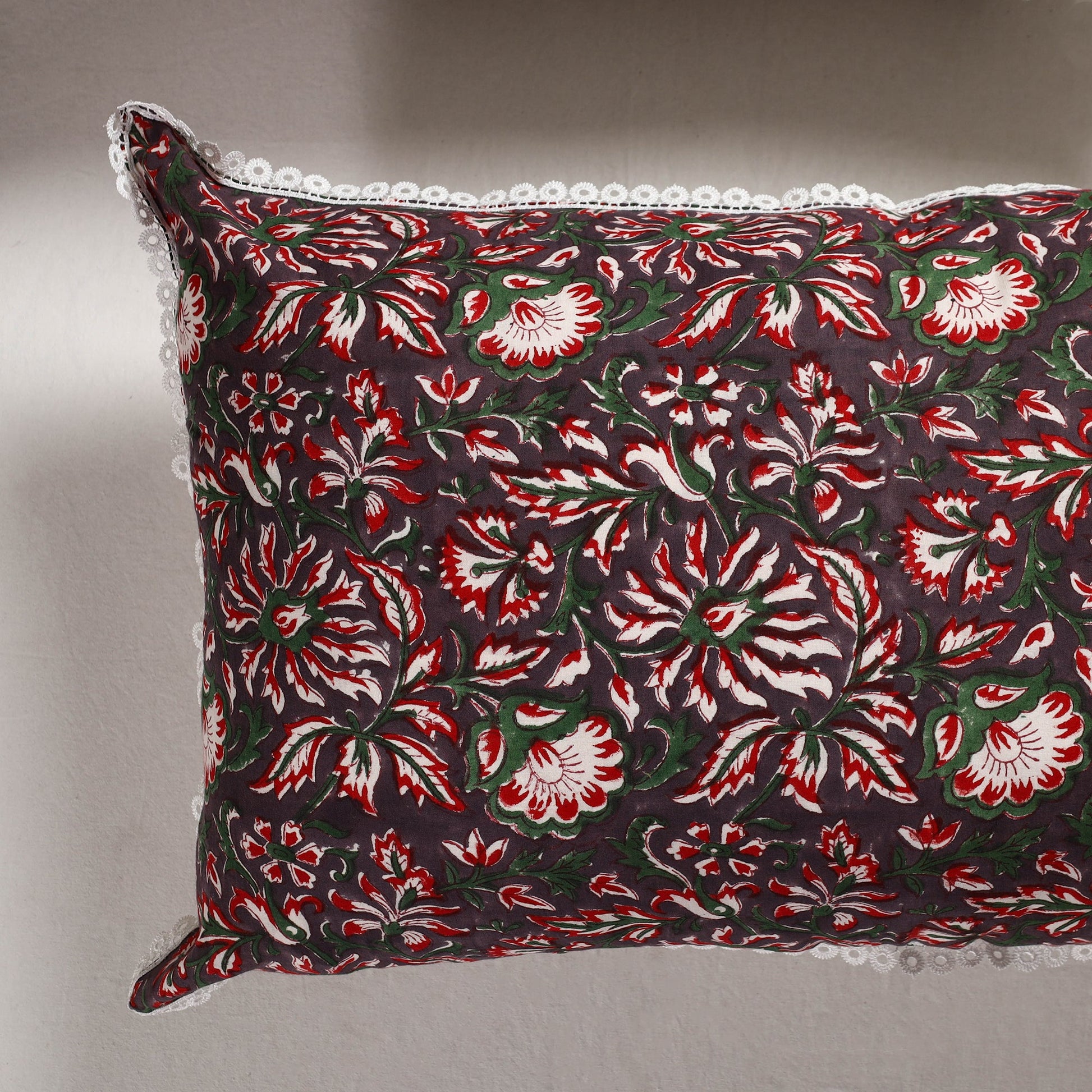 Brown - Sanganeri Block Printed Cotton Pillow Cover with Lace (28 x 18 in) - Set of 2