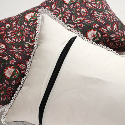 Brown - Sanganeri Block Printed Cotton Pillow Cover with Lace (28 x 18 in) - Set of 2