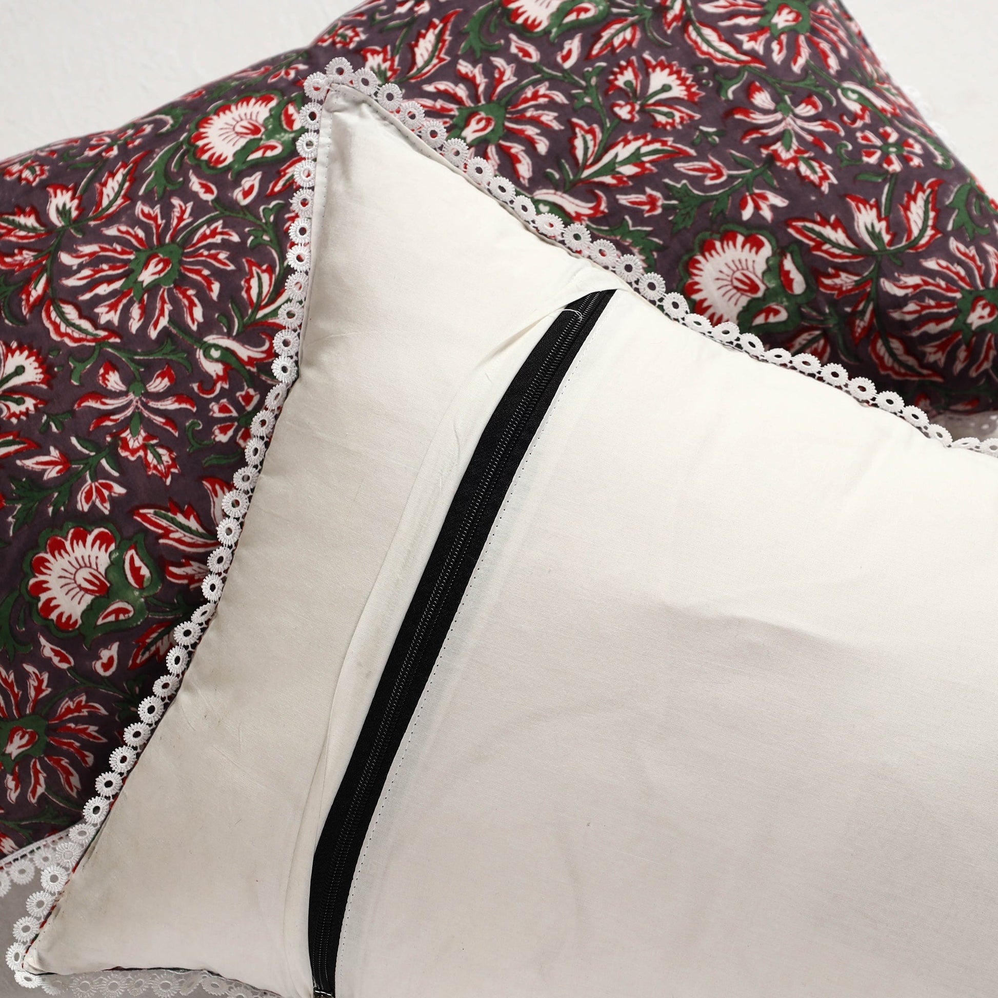 Brown - Sanganeri Block Printed Cotton Pillow Cover with Lace (28 x 18 in) - Set of 2