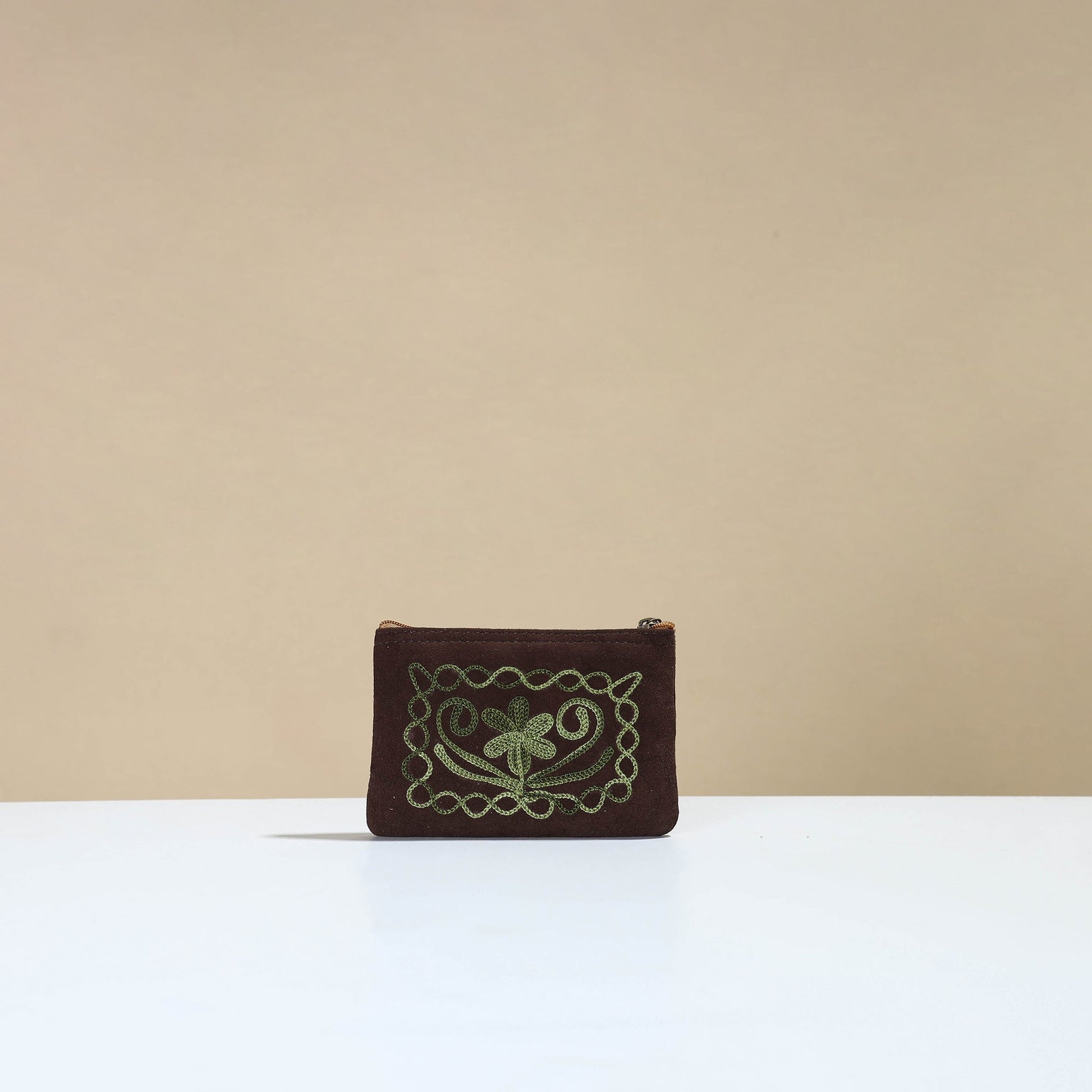 Brown - Kashmiri Crewel Hand Embroidery Velvet Coin Purse 05