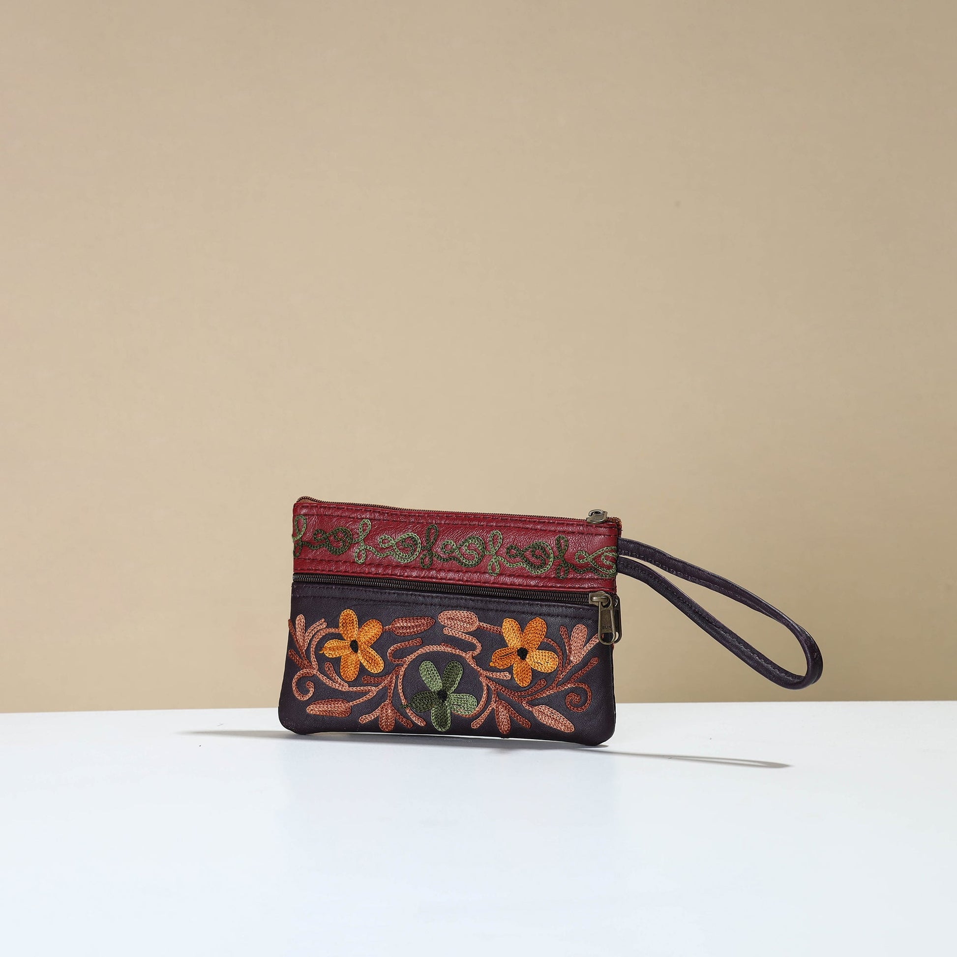 Black - Kashmiri Crewel Hand Embroidery Leather Clutch 11