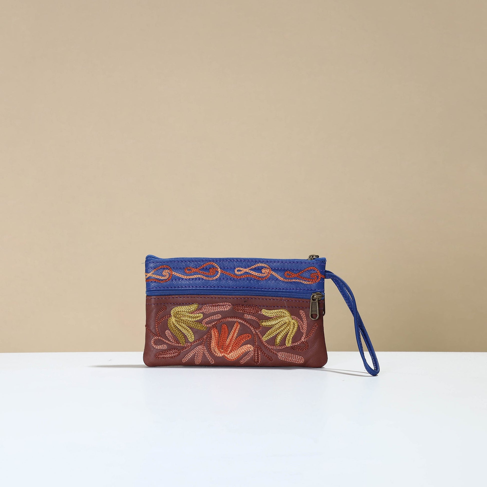 Brown - Kashmiri Crewel Hand Embroidery Leather Clutch 12