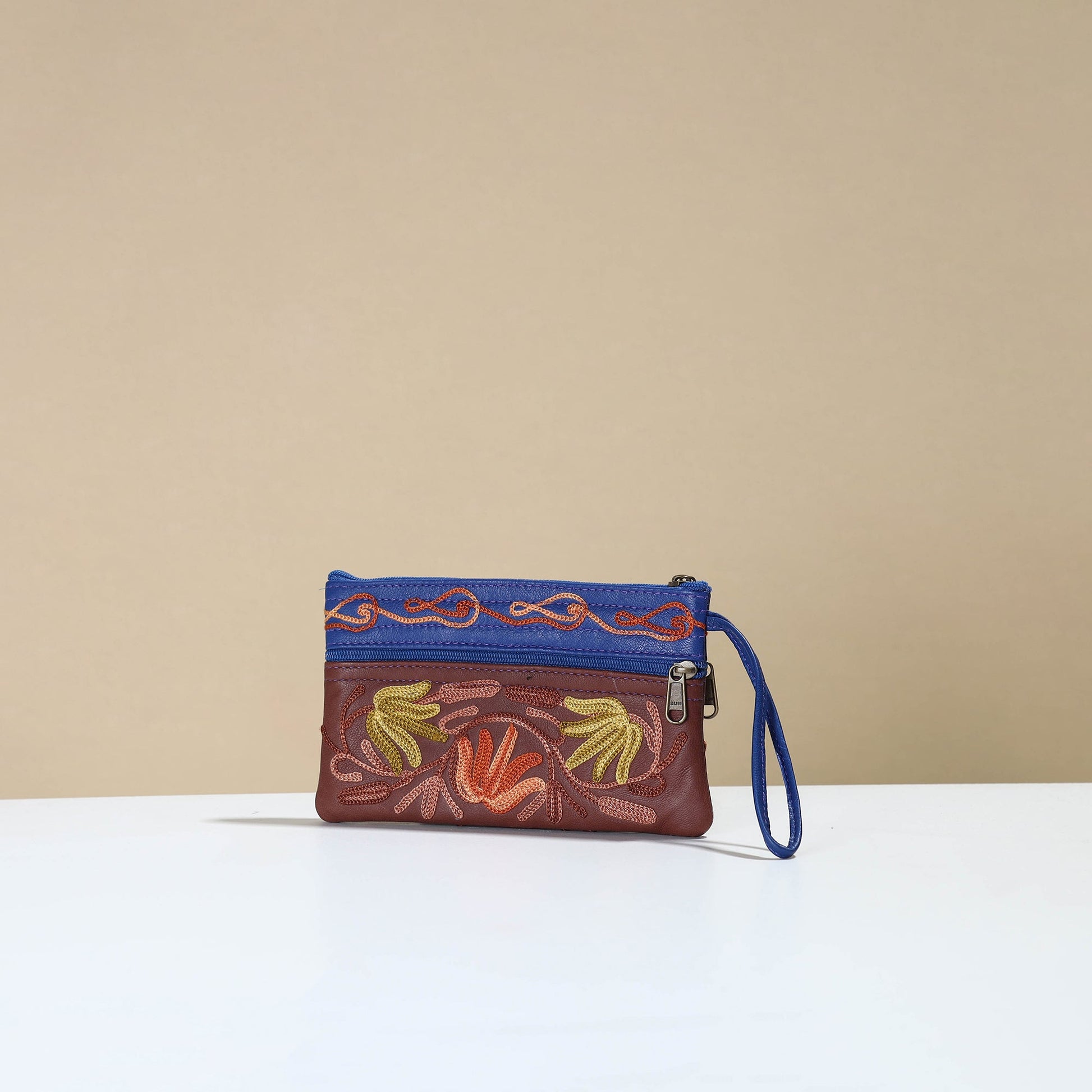 Brown - Kashmiri Crewel Hand Embroidery Leather Clutch 12