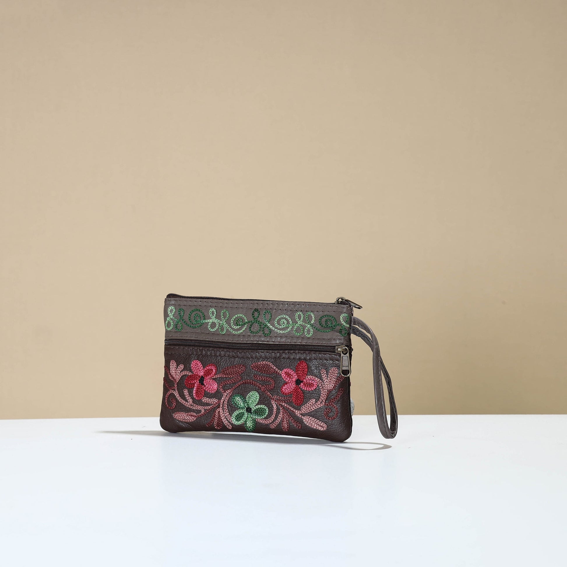 Brown - Kashmiri Crewel Hand Embroidery Leather Clutch 13