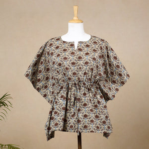 Beige - Hand Block Printed Cotton Kaftan with Tie-Up Waist (Short)