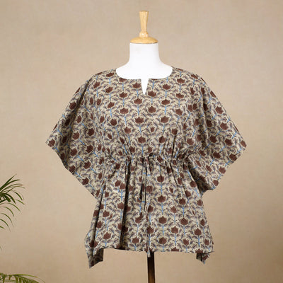 Beige - Hand Block Printed Cotton Kaftan with Tie-Up Waist (Short)