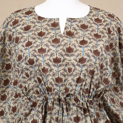 Beige - Hand Block Printed Cotton Kaftan with Tie-Up Waist (Short)