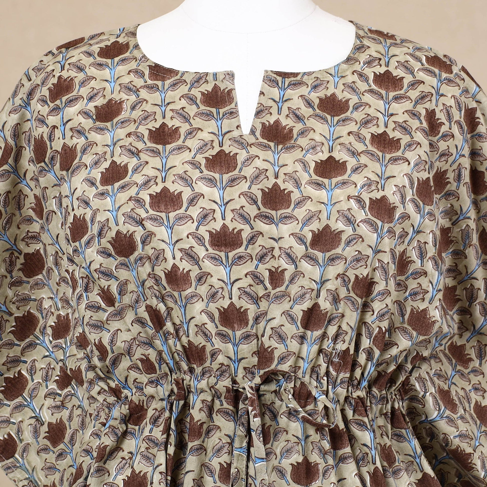 Beige - Hand Block Printed Cotton Kaftan with Tie-Up Waist (Short)