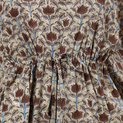 Beige - Hand Block Printed Cotton Kaftan with Tie-Up Waist (Short)