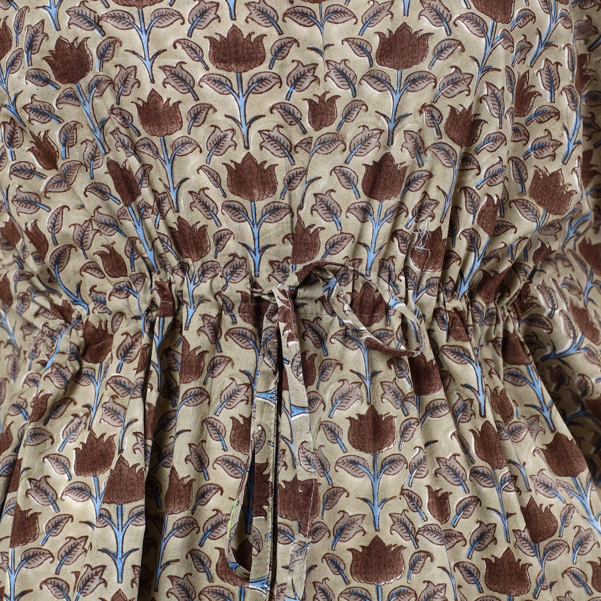 Beige - Hand Block Printed Cotton Kaftan with Tie-Up Waist (Short)