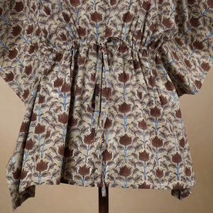Beige - Hand Block Printed Cotton Kaftan with Tie-Up Waist (Short)