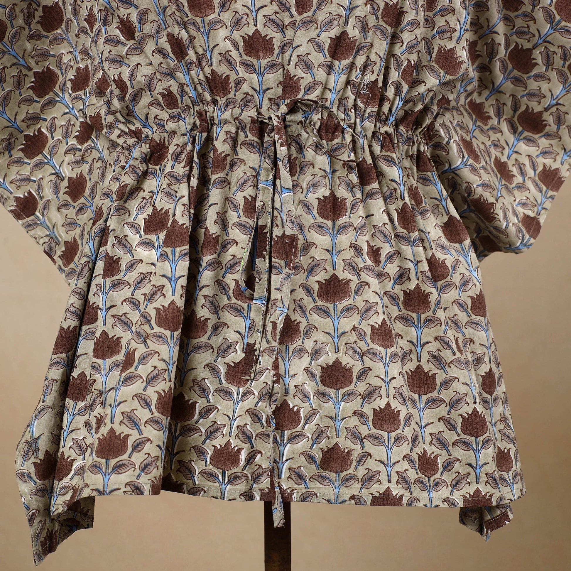 Beige - Hand Block Printed Cotton Kaftan with Tie-Up Waist (Short)