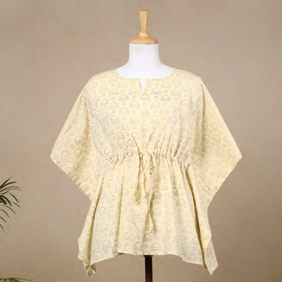 Beige - Hand Block Printed Cotton Kaftan with Tie-Up Waist (Short)