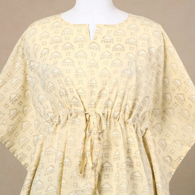 Beige - Hand Block Printed Cotton Kaftan with Tie-Up Waist (Short)