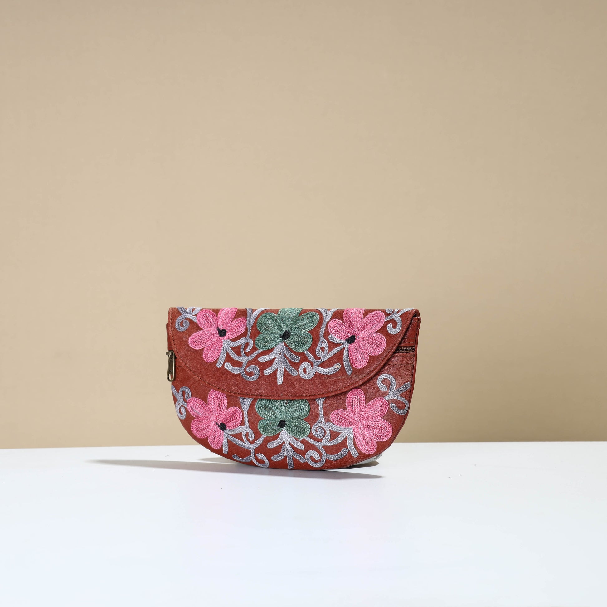 Brown - Kashmiri Crewel Hand Embroidery Leather Clutch 21