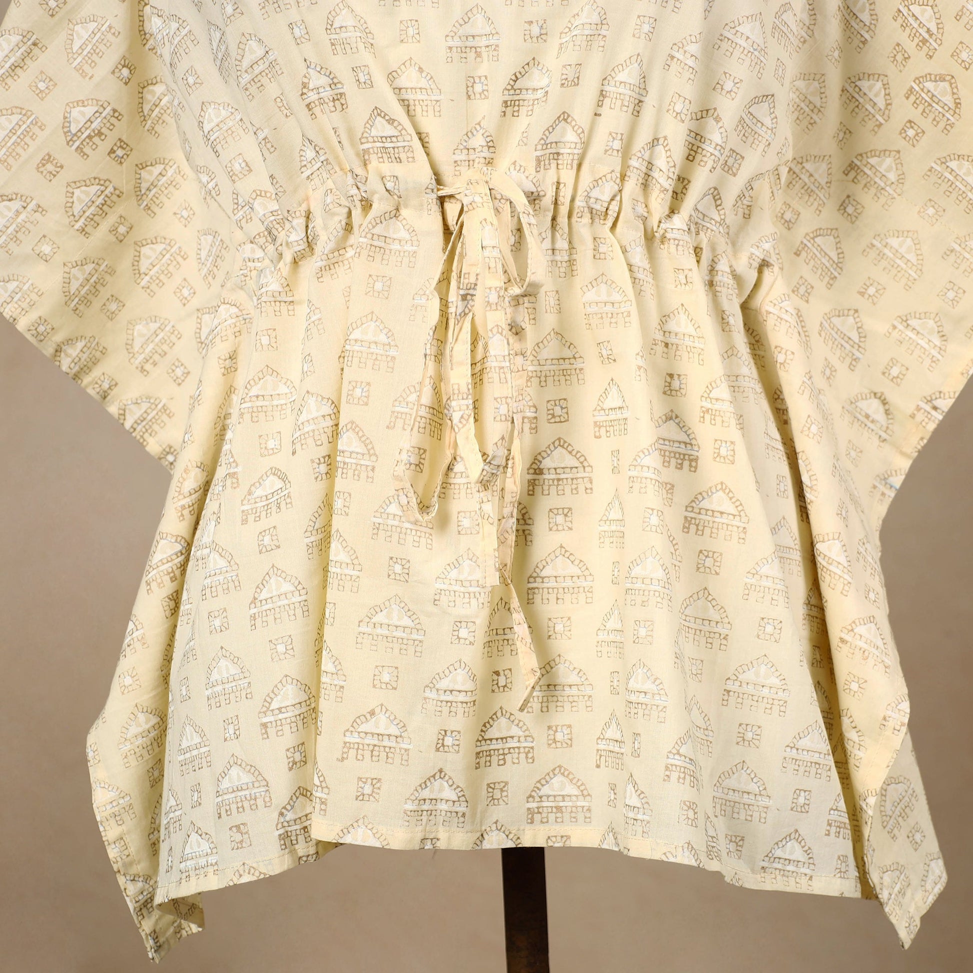 Beige - Hand Block Printed Cotton Kaftan with Tie-Up Waist (Short)