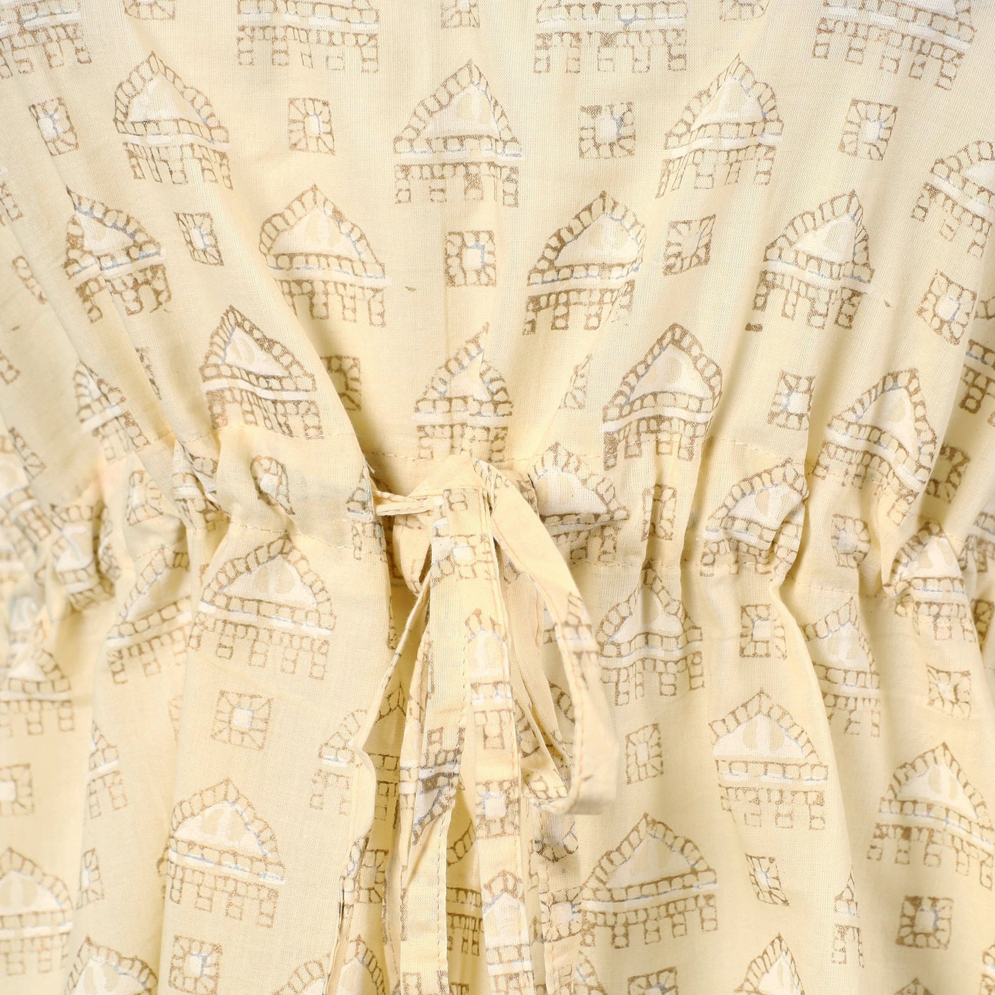 Beige - Hand Block Printed Cotton Kaftan with Tie-Up Waist (Short)