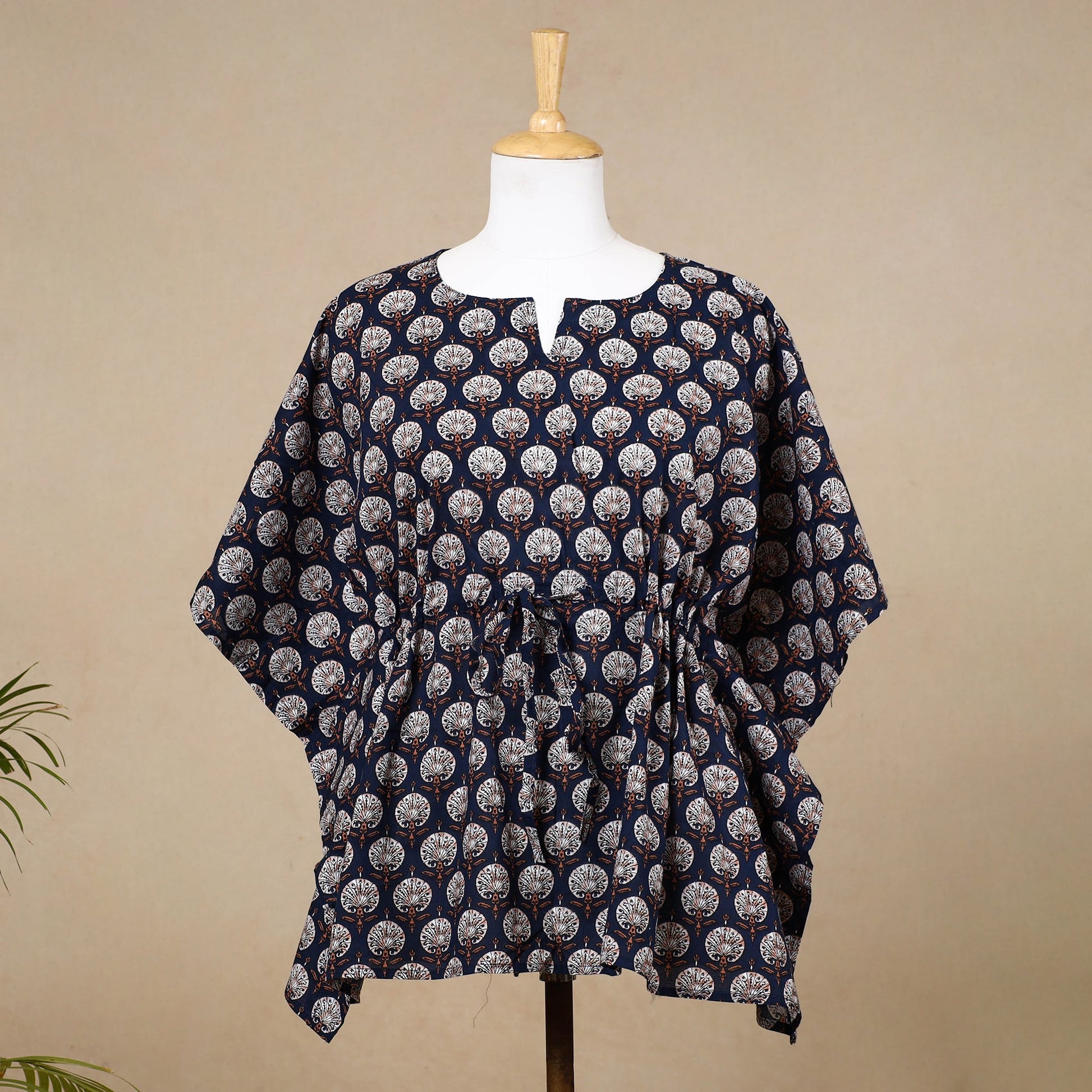 Black - Hand Block Printed Cotton Kaftan with Tie-Up Waist (Short)