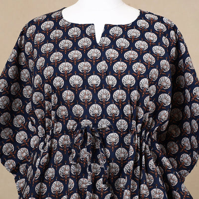 Black - Hand Block Printed Cotton Kaftan with Tie-Up Waist (Short)
