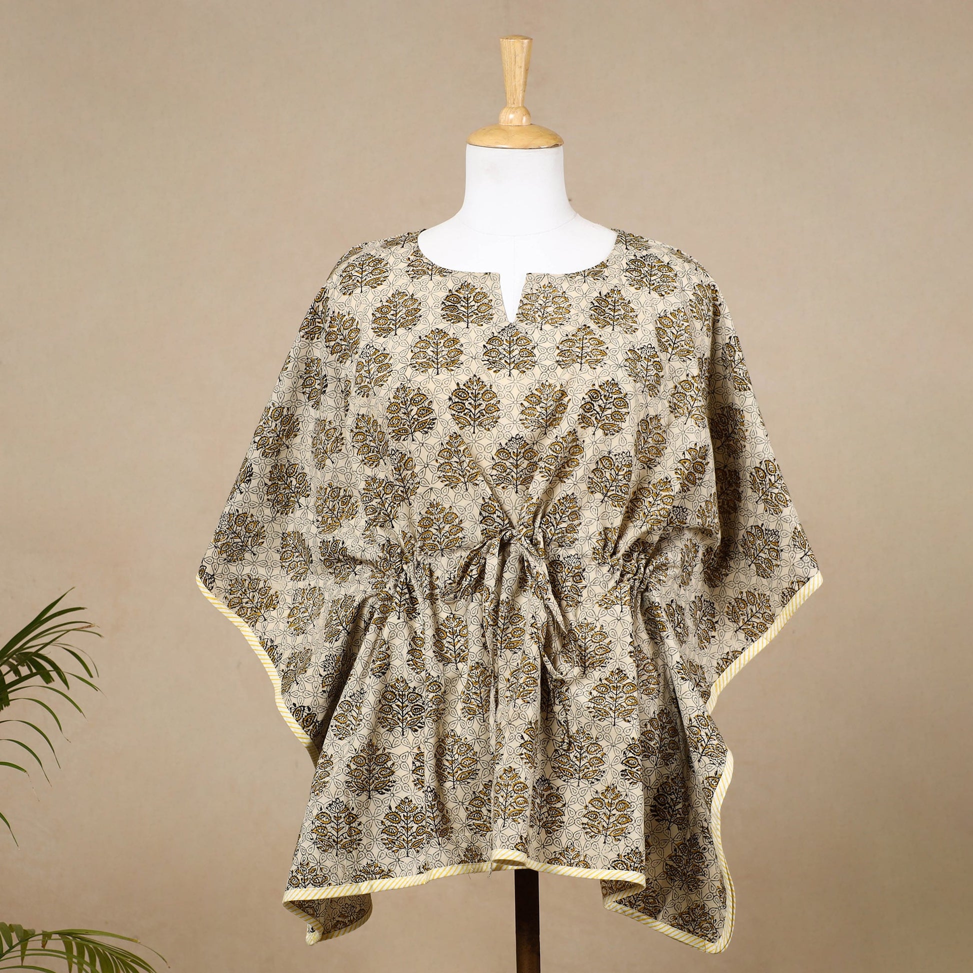 Beige - Hand Block Printed Cotton Kaftan with Tie-Up Waist (Short)