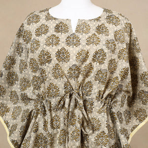 Beige - Hand Block Printed Cotton Kaftan with Tie-Up Waist (Short)
