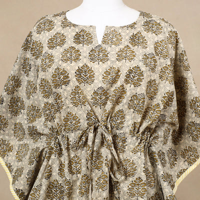 Beige - Hand Block Printed Cotton Kaftan with Tie-Up Waist (Short)