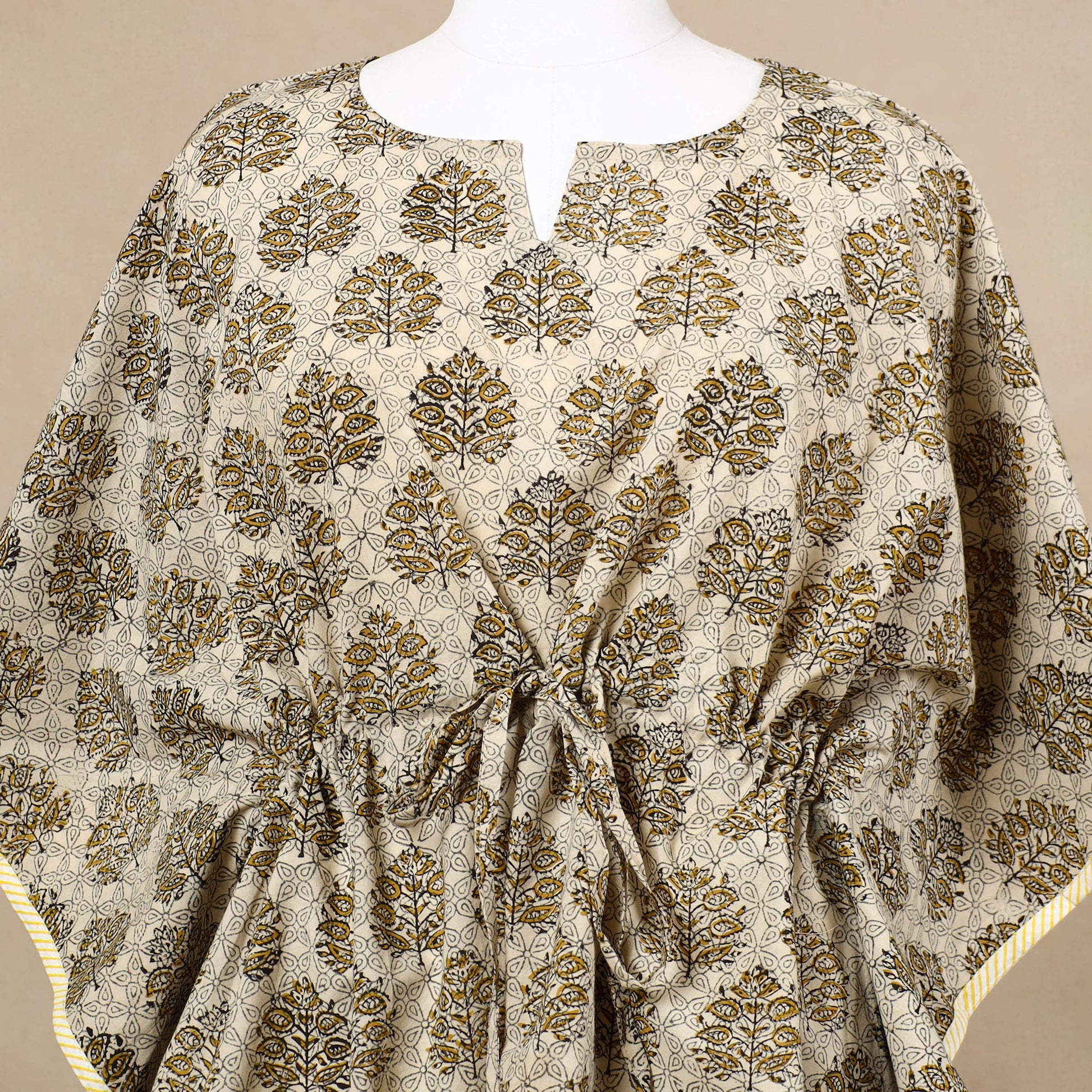 Beige - Hand Block Printed Cotton Kaftan with Tie-Up Waist (Short)