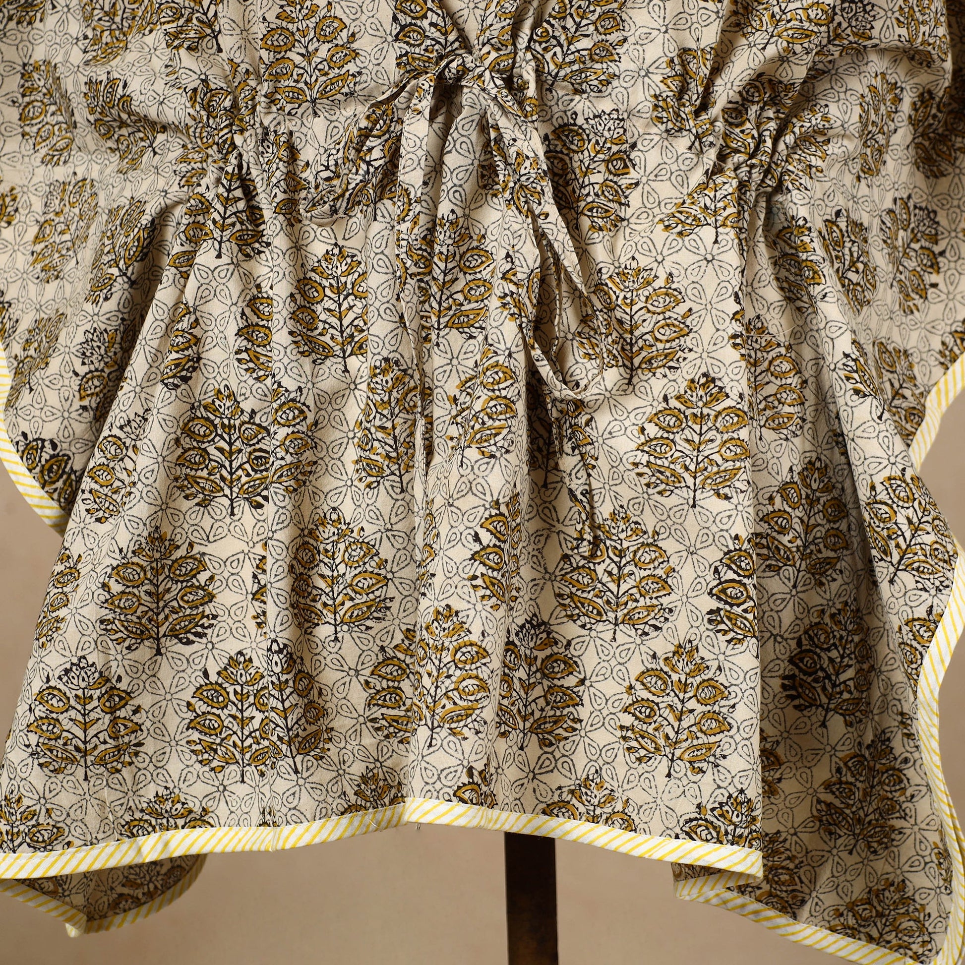 Beige - Hand Block Printed Cotton Kaftan with Tie-Up Waist (Short)