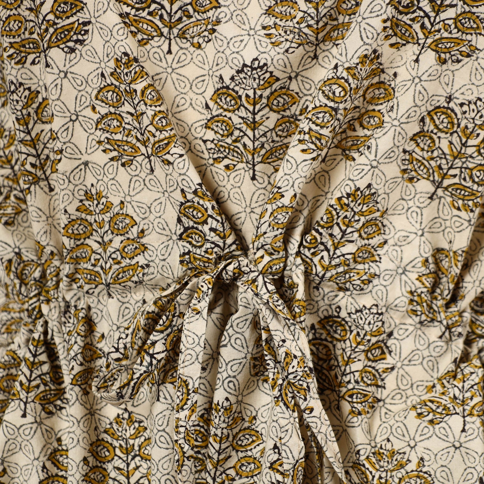 Beige - Hand Block Printed Cotton Kaftan with Tie-Up Waist (Short)