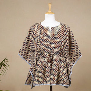 Beige - Hand Block Printed Cotton Kaftan with Tie-Up Waist (Short)