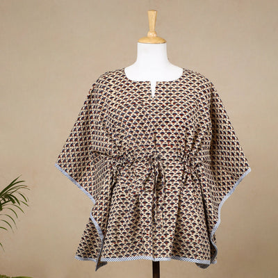Beige - Hand Block Printed Cotton Kaftan with Tie-Up Waist (Short)