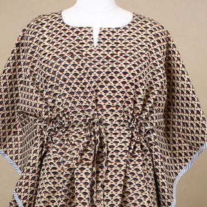 Beige - Hand Block Printed Cotton Kaftan with Tie-Up Waist (Short)