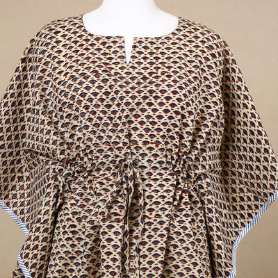 Beige - Hand Block Printed Cotton Kaftan with Tie-Up Waist (Short)