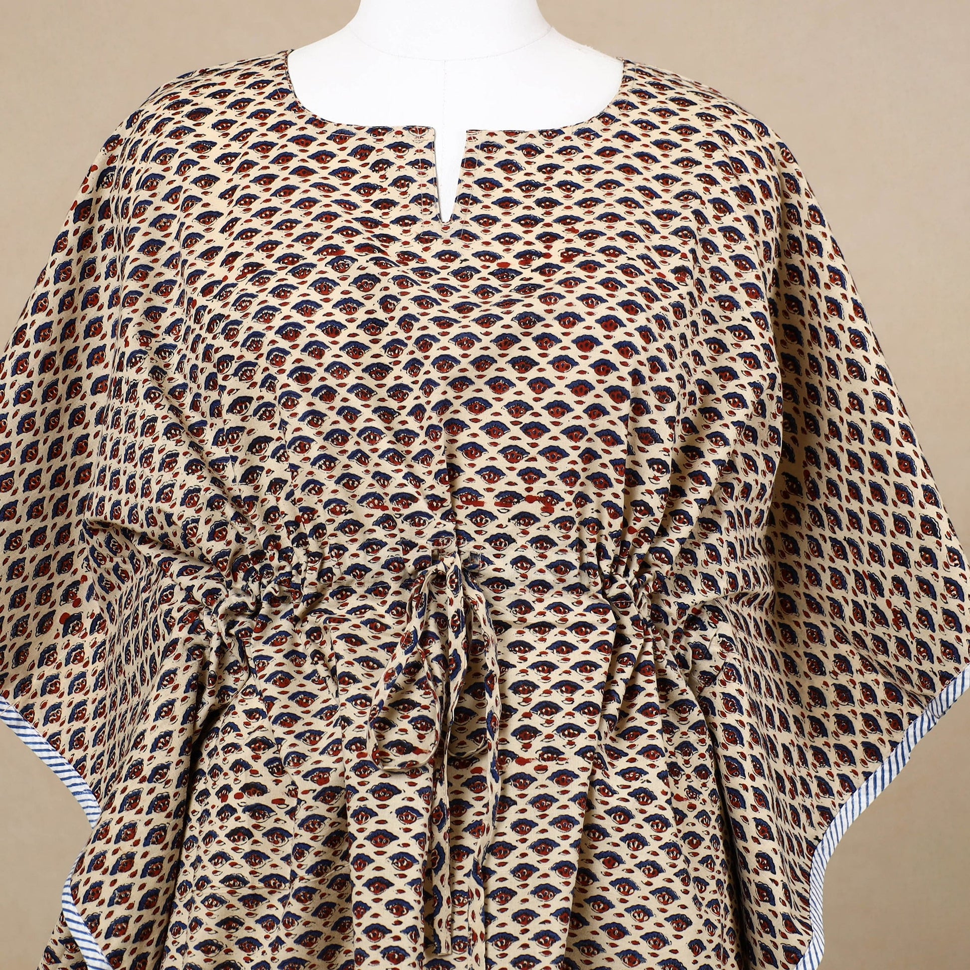 Beige - Hand Block Printed Cotton Kaftan with Tie-Up Waist (Short)