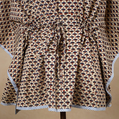 Beige - Hand Block Printed Cotton Kaftan with Tie-Up Waist (Short)