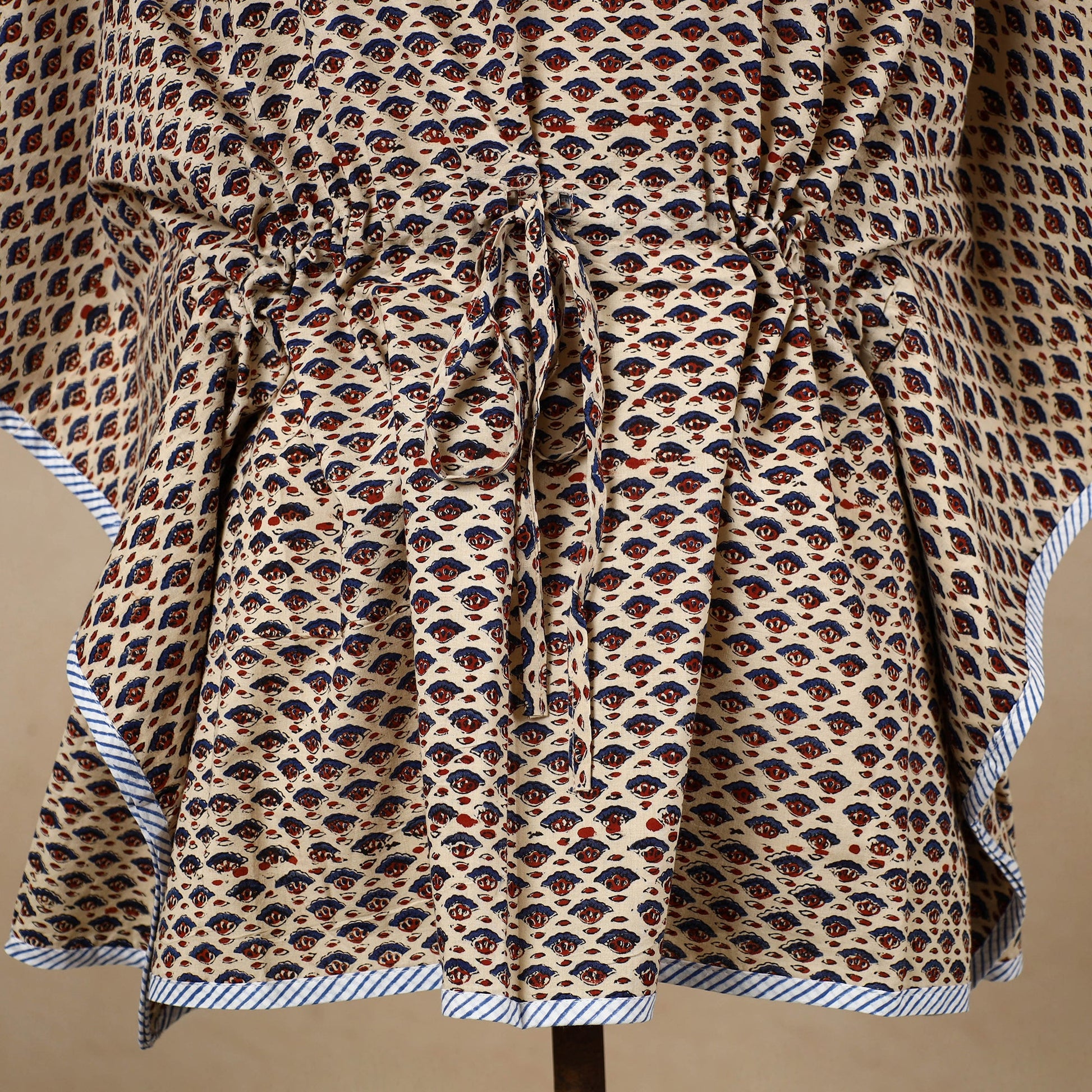 Beige - Hand Block Printed Cotton Kaftan with Tie-Up Waist (Short)