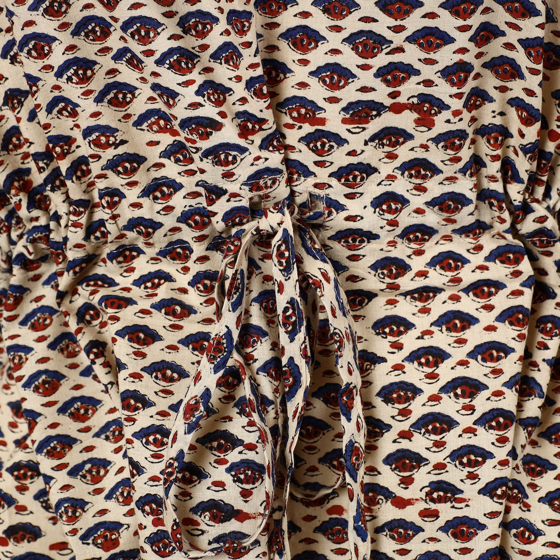 Beige - Hand Block Printed Cotton Kaftan with Tie-Up Waist (Short)
