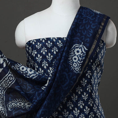 Blue - 3pc Chanderi Silk Bagru Print Dress Material 03