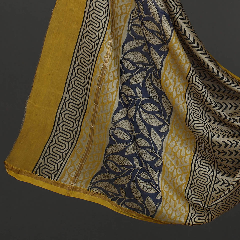 Blue - 3pc Chanderi Silk Bagru Print Dress Material 06