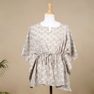 Brown - Hand Block Printed Cotton Kaftan with Tie-Up Waist (Short)