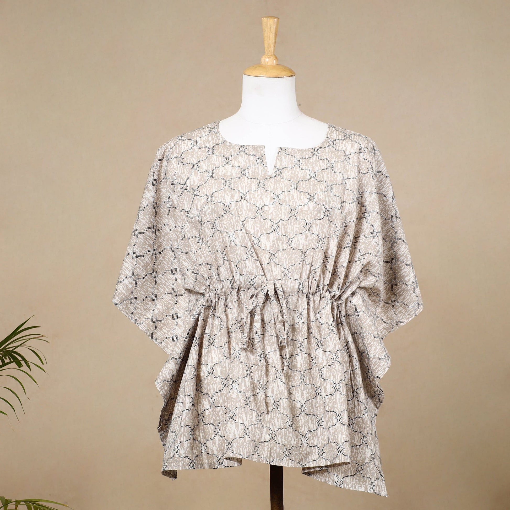 Brown - Hand Block Printed Cotton Kaftan with Tie-Up Waist (Short)